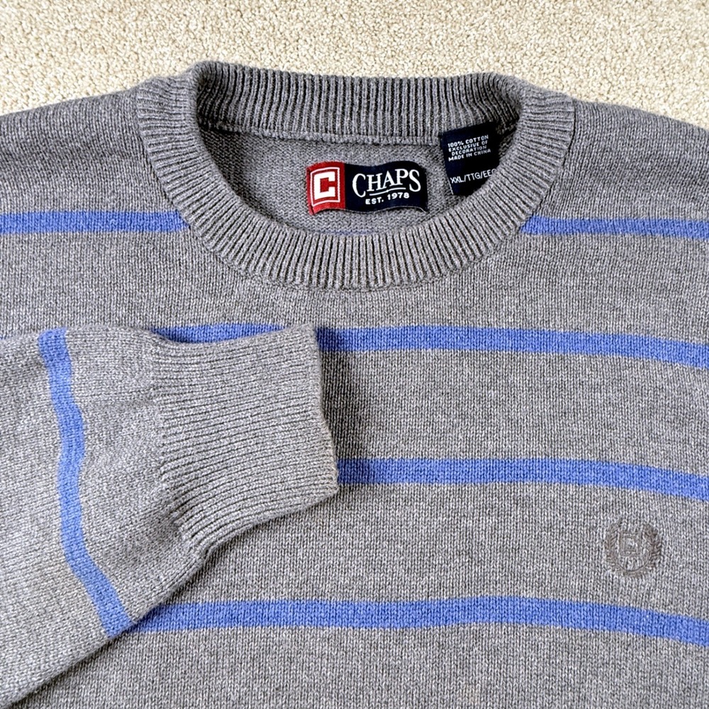 Chaps Sweater Mens XXL Gray Blue Excellent Cotton Striped Crewneck Pullover